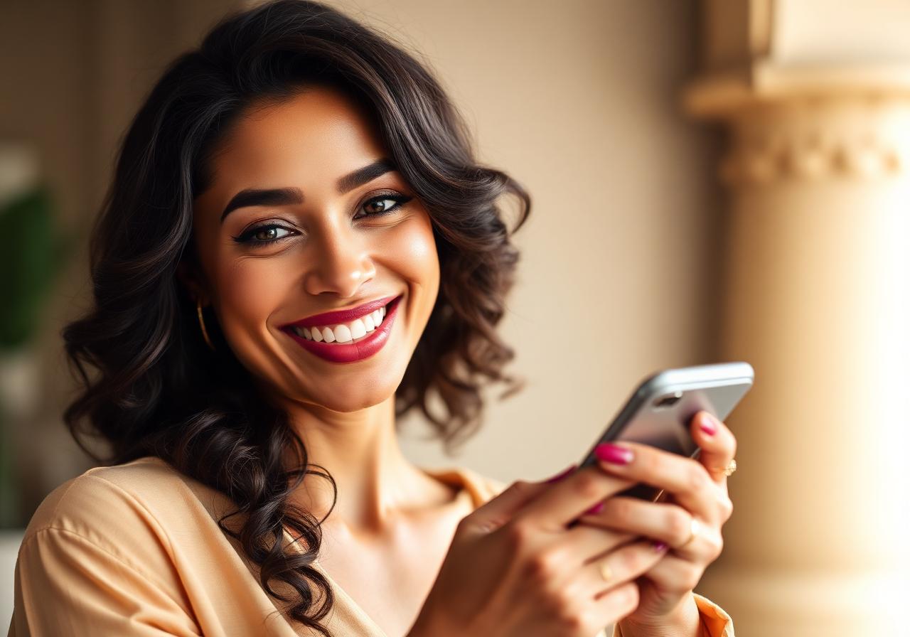Mulher próspera e confiante sorrindo ao olhar o saldo positivo